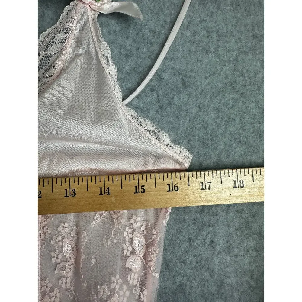 Pink Satin Lace Maxi Nightgown Floral Rosette 58 S Vintage